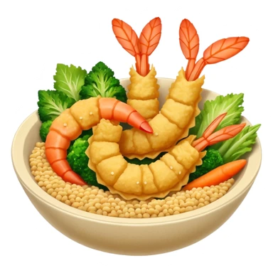 tempura shrimp and vegetables arranged in a bowl, golden batter, vivid textures sticker