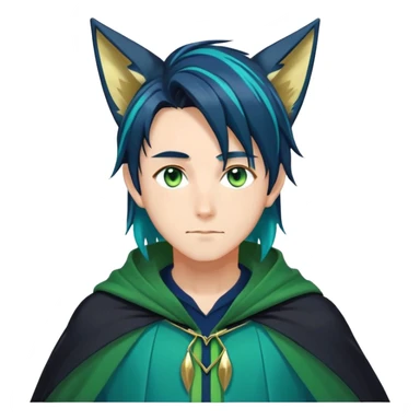 anime man with straight long dark-blue-black-gradient hair with light-green stripes in it, long black fox ears, hazel-gradient-brown-turquoise eyes, gold earring, dark-blue-sweater, green cape,  sticker