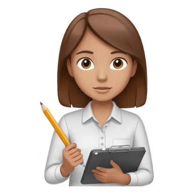 Intern or volunteer with brown hair holding a clipboard and pencil, ready to take notes or assist. The character wears a simple shirt and has an eager posture sticker