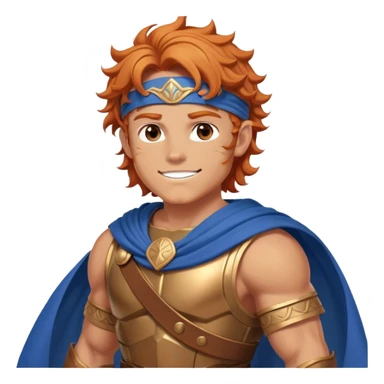 A muscular young hero with wavy orange hair and a determined smile. He wears a Greek-style brown tunic with a blue cape, bronze armor, and a headband. His stance is confident and heroic, exuding strength and courage sticker