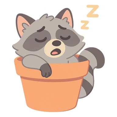 sleepy raccoon inside a flower pot, pastel earthy colors, pastel toon style sticker