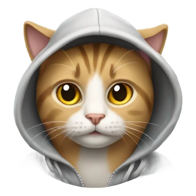 Cat wearing a hoodie and a baseball cap sticker