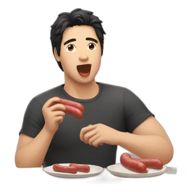 Kawai men with dark hair eating sausage sticker