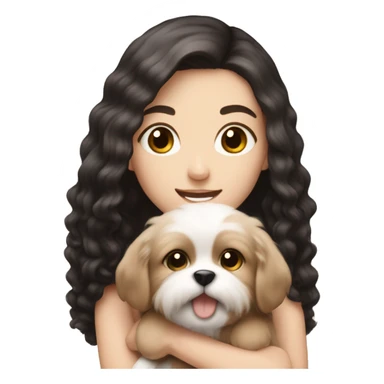 pale white girl with black hair holding light brown fluffy puppy sticker