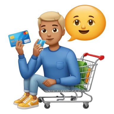 Emoji-style illustration of a person holding a credit card, hand on chin thinking. A thought bubble above the head showing clothes, sneakers, and a shopping cart, representing deciding whether to spend money. Clean, modern emoji style, bright colors, white or transparent background. sticker