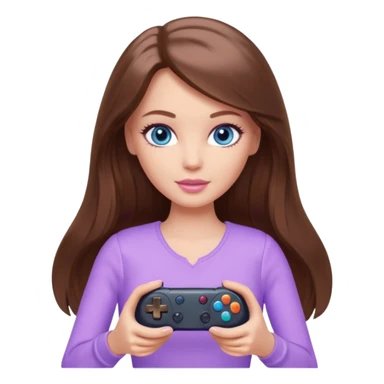beautiful barbie girl with long brown hair, blue eyes and wearing light purple clothes playing console games with controller sticker