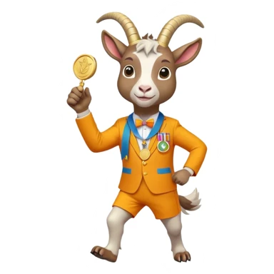 friendly anthropomorphised goat jogging upright in a colourful suit, holding up a medal, standard pose sticker
