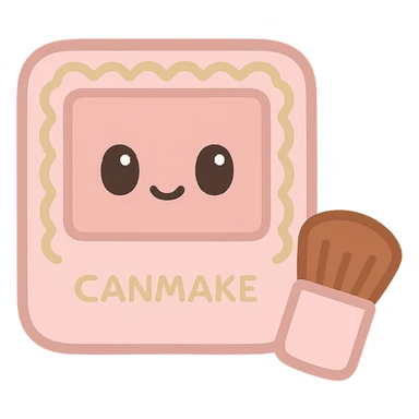 Canmake cosmetics inspired emoji, showing a compact blush with a tiny brush, pastel pinks and gold accents, kawaii style sticker