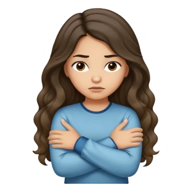 Hispanic light tan girl with long dark wavy hair with arms folded while pouting. Wearing a long sleeve. Hair with middle part. sticker