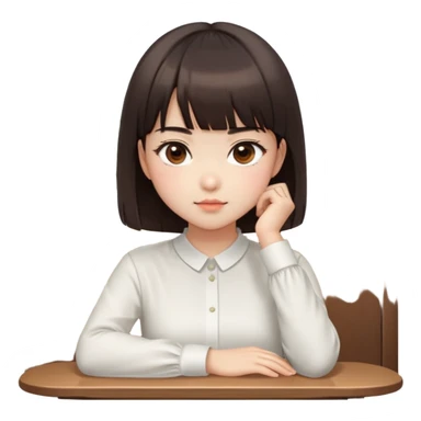 Cute East Asian girl, soft fair skin, big brown eyes, straight bangs, inward brown bob. Sitting at table, chin on hand, smirking coldly, wearing white blouse, side-eyeing with attitude. sticker