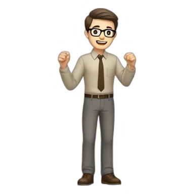 To belt Actively gesturing with hands Pale skinned fit man with dark brown hair in gray jacket, beige office shirt, brown tie, brown pants and vintage glasses. sticker