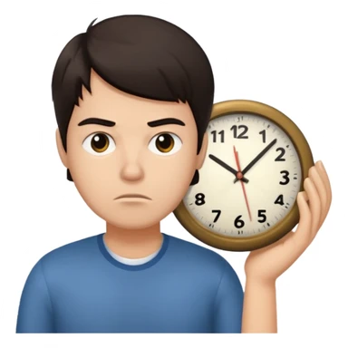 Create a hurried expression holding a clock sticker