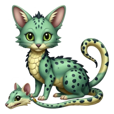 Realistic swampy greenish dark edgy spooky Flurry furry scary slimy oily glossy wet gloomy dusky scaly sergal-serval-possum-sphynx-Koi-sergal-fusion-animal-hybrid-creature with a snake-tail sticker