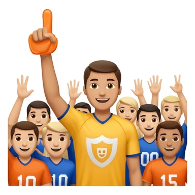 A cheerful man in a team jersey, waving a giant foam finger high with an excited grin. sticker