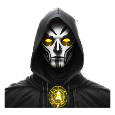 A digital painting of a SPECTRE, cyberpunk man with glowing yellow eyes and black and white face paint, wearing a dark hooded cloak, portrait, intricate details, silver ornate circular frame sticker