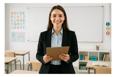 a young female teacher, smiling, holding a clipboard, professional attire, modern classroom background sticker