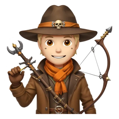 male human monster hunter emoji, wearing brown leather coat and wide hat, holding crossbow or rifle, with amulet shaped like skull, Halloween fantasy theme, confident smile, orange scarf, Apple emoji style, clean white background, square image sticker