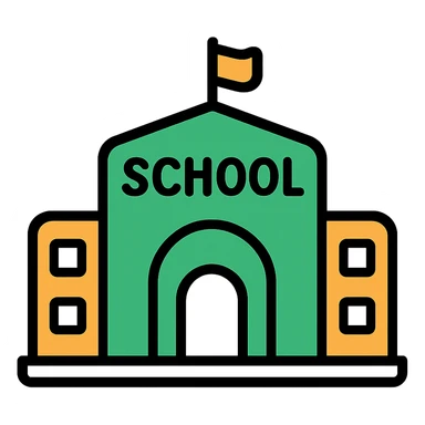 school building, modern look, green gold and white color scheme, rounded shapes, simple design sticker