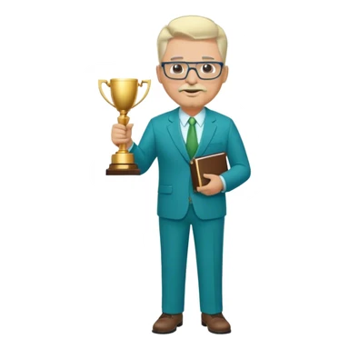 Full Body white middle aged male plus size wearing glasses with a goatee with light blonde and gray very short hair basketball head Coach in blue and green suit holding trophy sticker