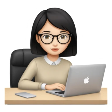 Asian girl with black short hair sitting at desk with Mac laptop sticker
