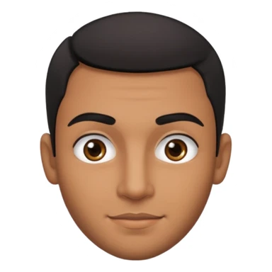 Dark olive skin man, center rised eyebrows, very light smile so that lips are very close to liner and horizontal, some how liner and small eyes sticker