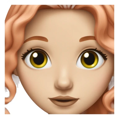 white girl with long wavy light red hair and green eyes, lashes, pink lipstick sticker