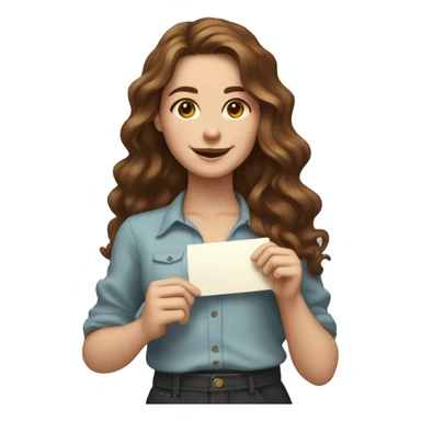 a young woman with wavy long brown hair. She has a friendly expression and is holding several ornate card sticker