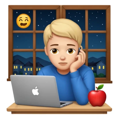 tired student with laptop, window at night behind, head resting on hand, apple style emoji sticker