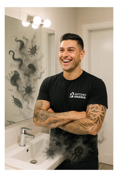 a man stands in a brightly lit bathroom, looking relieved and revitalized as he examines his reflection in the mirror. In the foreground, stylized, shadowy images of parasites (such as worms or protozoa) are shown leaving his body, dissolving into mist or fading away. His posture is upright and his expression is one of newfound energy and health. sticker
