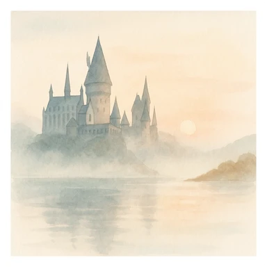 Harry Potter series, Hogwarts castle at sunrise with mist over the lake, watercolor art style sticker