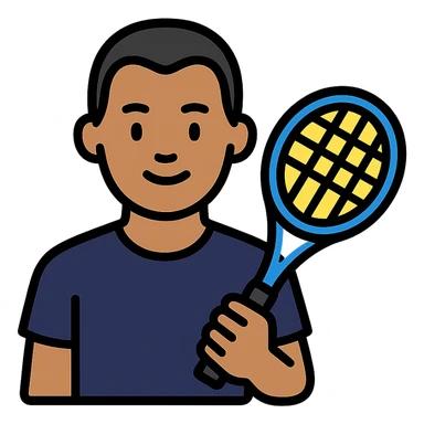 light brown skinned male tennis coach, short straight black hair with widow's peak, oval face, small eyes, smiling, holding blue Yonex tennis racket, wearing dark navy blue dry fit shirt sticker
