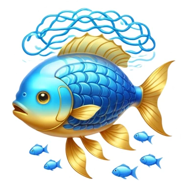 Ethereal golden fish swimming around a glowing brain, with omega-3 capsules floating between them. Flowing streams of luminous energy connect the fish, brain and omega symbol, all radiating with a soft golden light in a dreamy blue aura. sticker