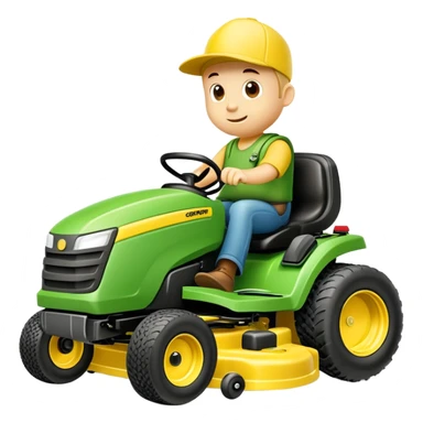 Lawn mowing mascot named grassy gus a green guy (not a human) on a completely yellow zero-turn ride on mower sticker