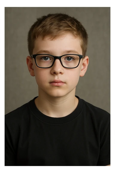 upper body portrait of a white boy with blue eyes, wearing black glasses and a black t-shirt, neutral expression sticker