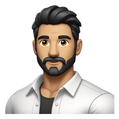 close up of white skin indian in plain white shirt with sleeve up and quiff black hair style and beard and muscle body sticker