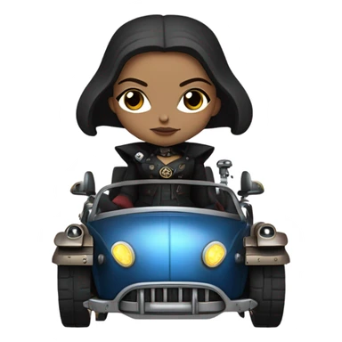 Jedi bounty hunter Wednesday Addams racing sitting in a modern blue,red and pewter steampunk electric luxury sticker
