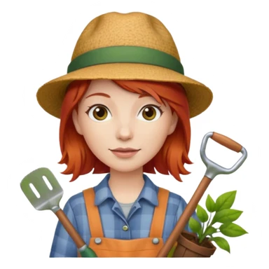 red hair gardener holding gardening tools, with hat sticker