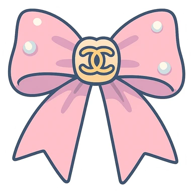 elegant bow with pearls and gold Chanel logo, glossy, pastel colors sticker