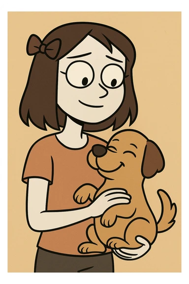 A pale girl with brown shoulder-length hair tied with a ribbon hairclip, holding a dog sticker