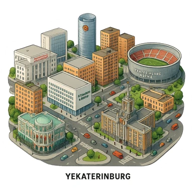 Изометричная миниатюрная фотореалистичная 3D модель Екатеринбурга - Дом Севастьянова, Ельцин-центр, Уральский федеральный университет, дома, Екатеринбург Арена, Штаб-квартира Русской медной компании, Здание Свердловского городского совета народных депутатов, четкие линии, яркие цвета, мультяшный реализм, люди, автотранспорт, компактная композиция, вид сверху в изометрии, прозрачный фон sticker
