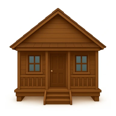 A wooden house typical of Puerto Rican rural neighborhoods, with a simple and cozy design featuring a central functional door, two symmetrical windows, a front porch with open railings, and space for a rocking chair. Emoji style, brown and wooden, no star, no symbol, no chimney, light brown sticker