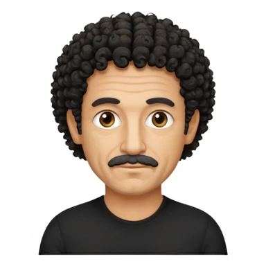 60 year old Greek man with short black curly frizzy hair that sticks up and has a black shirt sticker