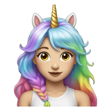 Girl with one unicorn horn on the forehead, and rainbow gair sticker