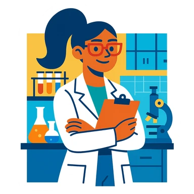 female scientist holding a clipboard, confident pose, modern lab background sticker