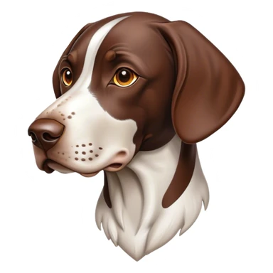 Cinematic German Pointer Portrait Emoji, Elegant and alert, sleek brown and white tones, Simplified yet sharp features, highly detailed, glowing with a warm, confident glow, high shine, intelligent and poised, stylized with an air of grace, focused and attentive, soft glowing outline, capturing the essence of agility and loyalty, so lifelike it feels as though it could spring into motion at any moment! sticker