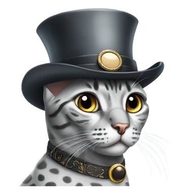 A highly sophisticated grey Egyptian Mau with a top hat and a monocle sticker