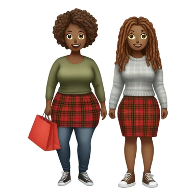Curvy woman gray locs shopping ,  other curvy woman is brown with red locs in a skirt with plaid sweater shopping sticker
