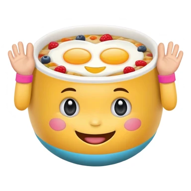 Setting breakfast Bowl with a Face and tiny Hands and tiny Feet and Sweat Bands ready for Fitness sticker
