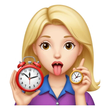 A girl with her tongue out holding a clock  sticker