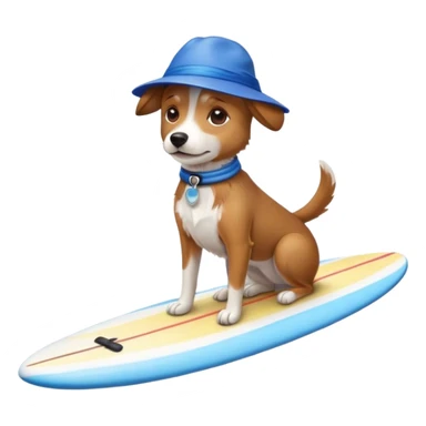Dog on a surfboard with a blue hat sticker